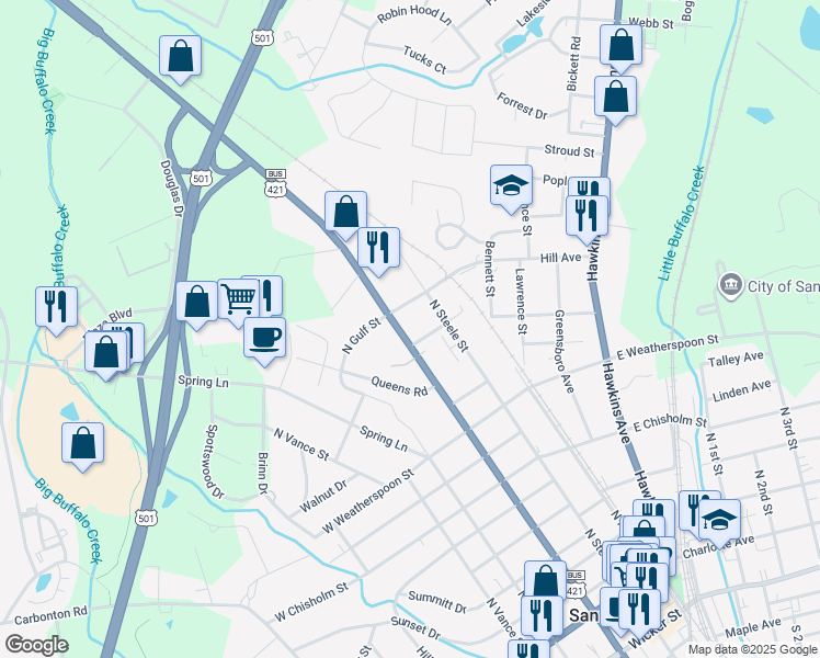 map of restaurants, bars, coffee shops, grocery stores, and more near 641 North Horner Boulevard in Sanford