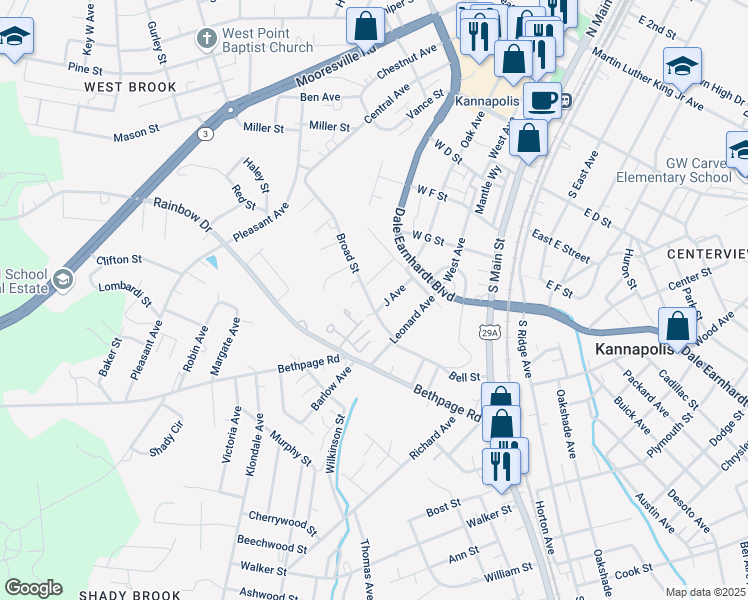 map of restaurants, bars, coffee shops, grocery stores, and more near 504 Broad Street in Kannapolis