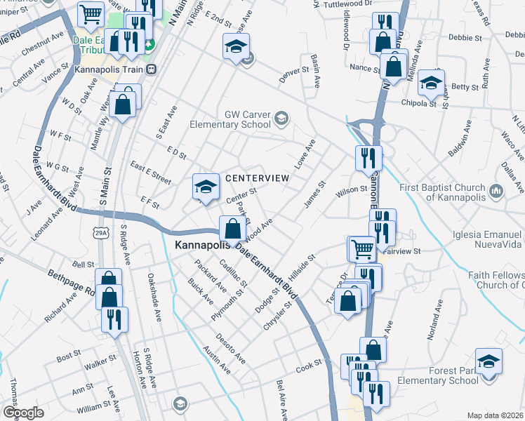 map of restaurants, bars, coffee shops, grocery stores, and more near 601 Walter Street in Kannapolis