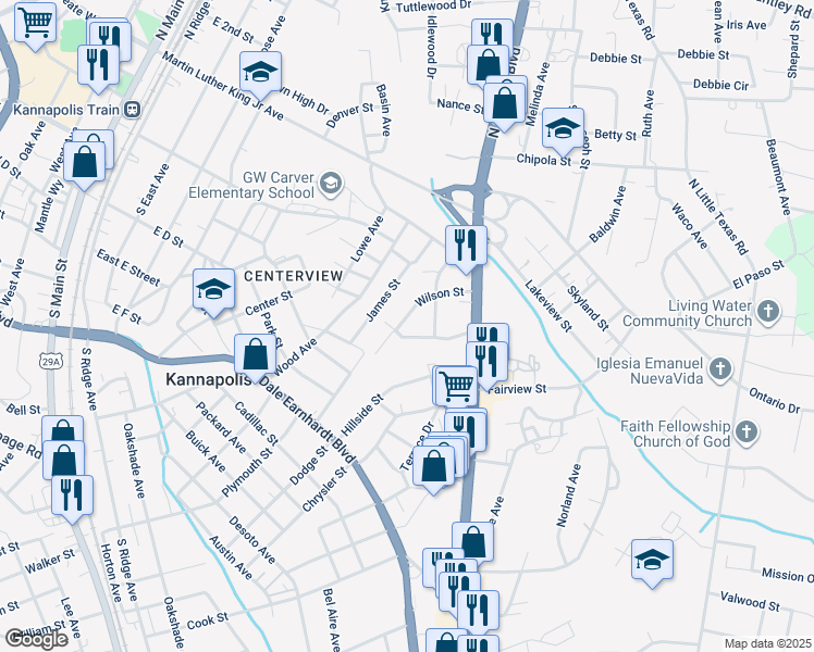 map of restaurants, bars, coffee shops, grocery stores, and more near 626 Wilson Street in Kannapolis