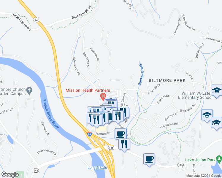 map of restaurants, bars, coffee shops, grocery stores, and more near 118 White Ash Drive in Asheville