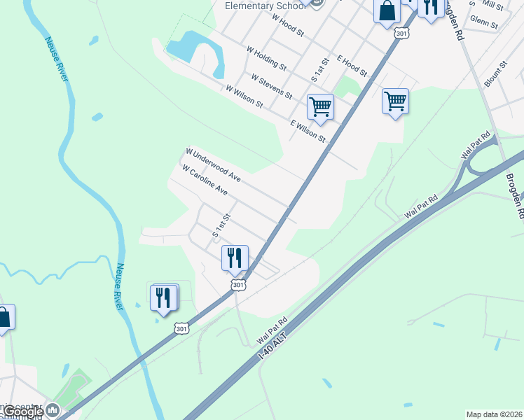map of restaurants, bars, coffee shops, grocery stores, and more near 1806 South Brightleaf Boulevard in Smithfield