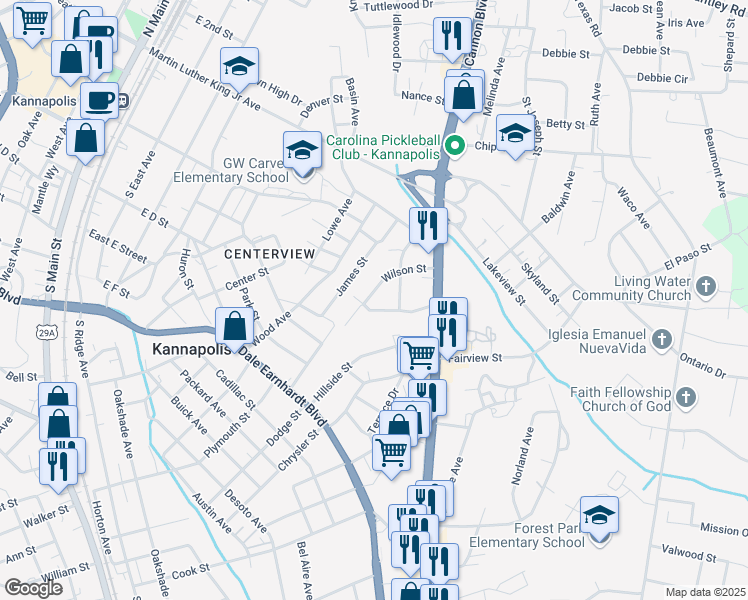 map of restaurants, bars, coffee shops, grocery stores, and more near 626 Wilson Street in Kannapolis