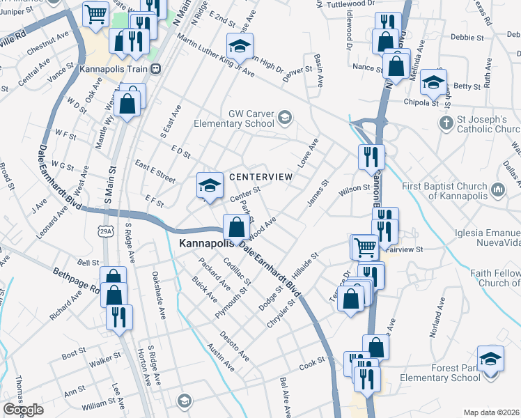 map of restaurants, bars, coffee shops, grocery stores, and more near 531 Park Street in Kannapolis