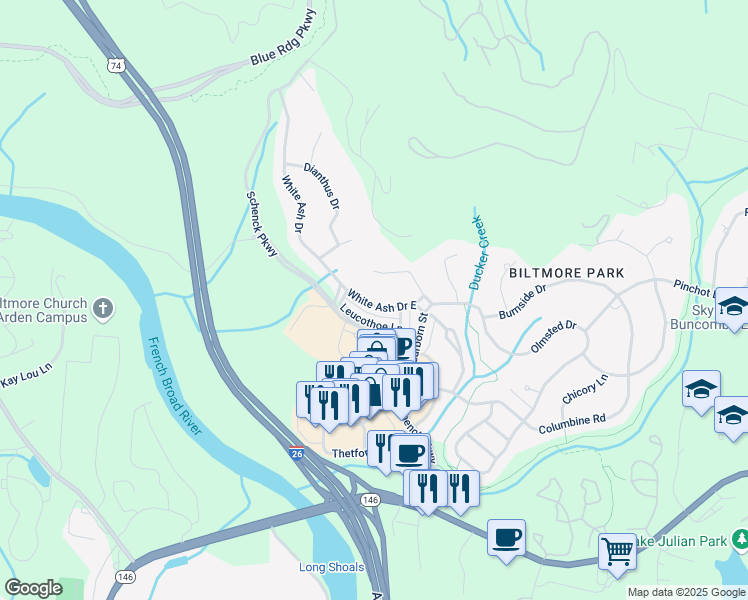 map of restaurants, bars, coffee shops, grocery stores, and more near 116 White Ash Drive in Asheville