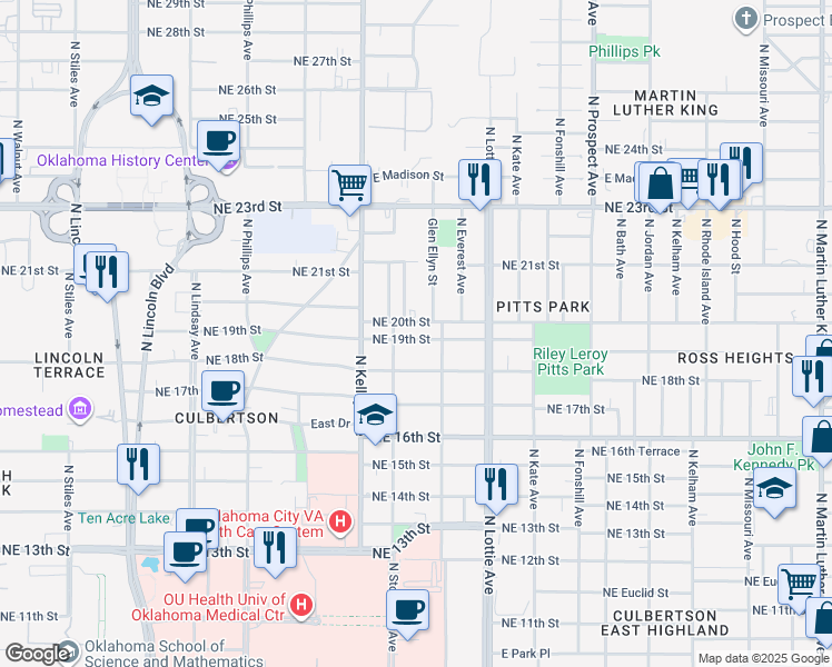 map of restaurants, bars, coffee shops, grocery stores, and more near 1117 Northeast 18th Street in Oklahoma City