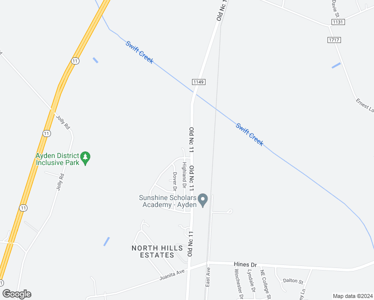 map of restaurants, bars, coffee shops, grocery stores, and more near 3613 Highland Drive in Ayden