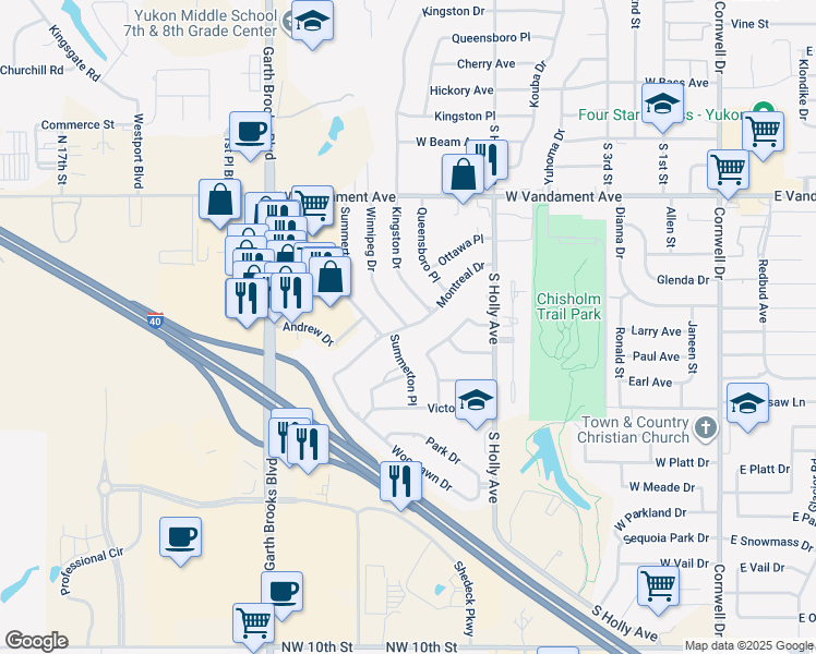 map of restaurants, bars, coffee shops, grocery stores, and more near 899 Montreal Drive in Yukon
