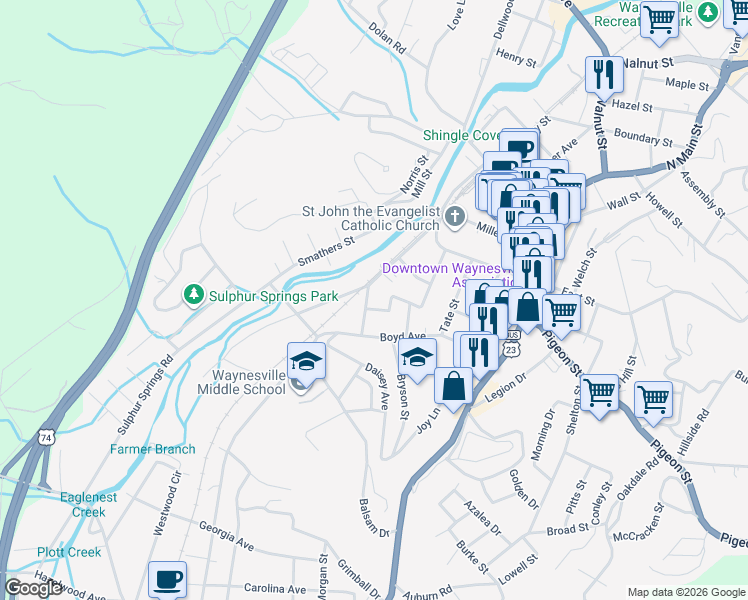 map of restaurants, bars, coffee shops, grocery stores, and more near 293 Meadow Street in Waynesville