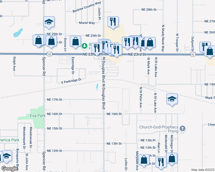 map of restaurants, bars, coffee shops, grocery stores, and more near 1905 North Douglas Boulevard in Oklahoma City