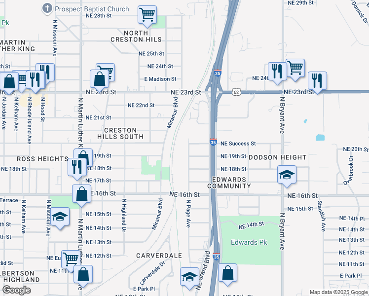 map of restaurants, bars, coffee shops, grocery stores, and more near 2504 Northeast 19th Street in Oklahoma City