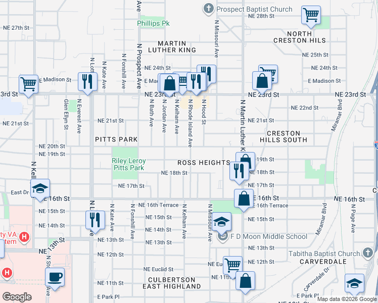 map of restaurants, bars, coffee shops, grocery stores, and more near 1704 Northeast 19th Street in Oklahoma City