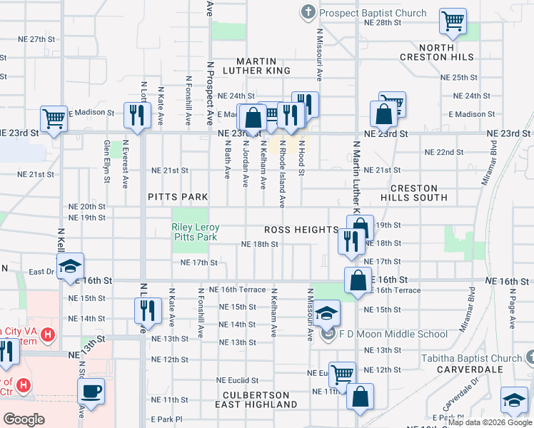map of restaurants, bars, coffee shops, grocery stores, and more near 1704 Northeast 19th Street in Oklahoma City