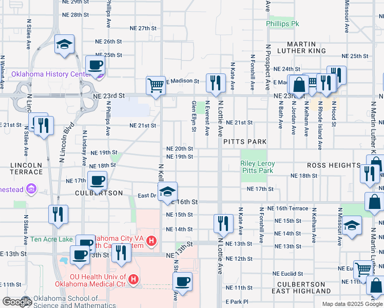 map of restaurants, bars, coffee shops, grocery stores, and more near 1117 Northeast 18th Street in Oklahoma City