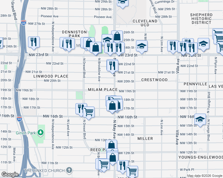 map of restaurants, bars, coffee shops, grocery stores, and more near 2904 Northwest 19th Street in Oklahoma City