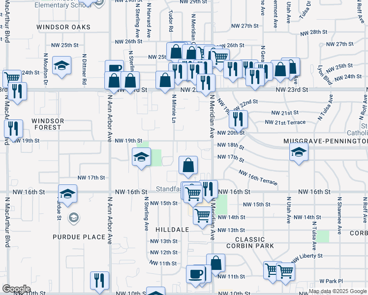 map of restaurants, bars, coffee shops, grocery stores, and more near 4548 Northwest 19th Street in Oklahoma City