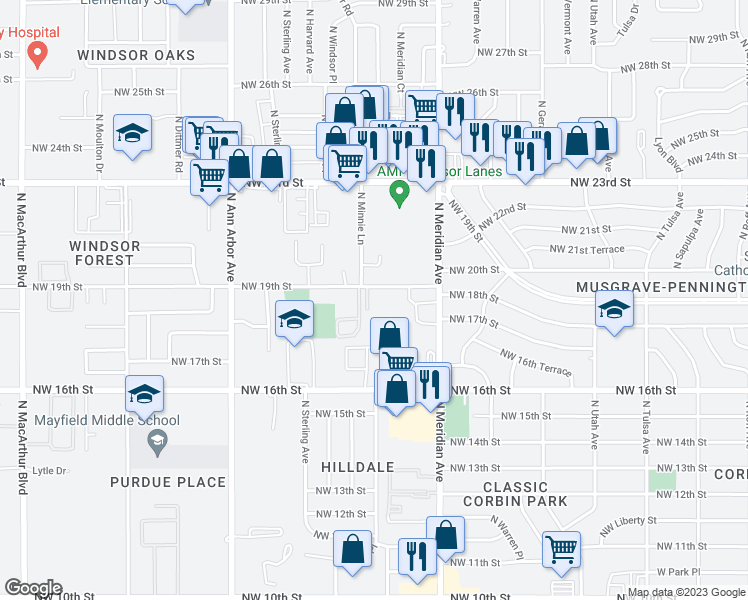 map of restaurants, bars, coffee shops, grocery stores, and more near 4548 Northwest 19th Street in Oklahoma City