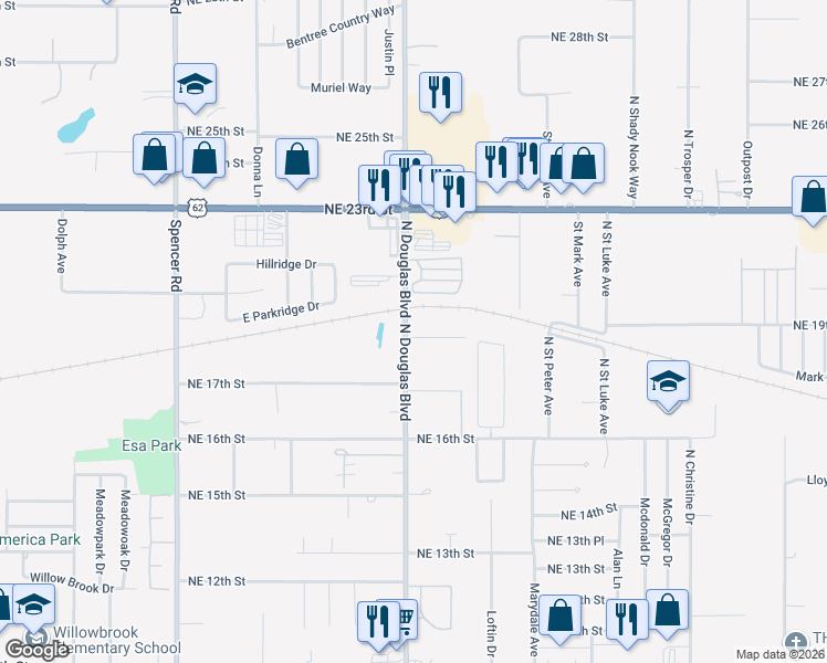 map of restaurants, bars, coffee shops, grocery stores, and more near 1905 North Douglas Boulevard in Oklahoma City