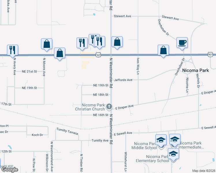map of restaurants, bars, coffee shops, grocery stores, and more near 10917 Northeast 18th Street in Oklahoma City