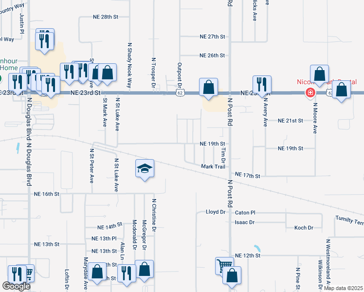 map of restaurants, bars, coffee shops, grocery stores, and more near 1829 Mark Trail in Oklahoma City