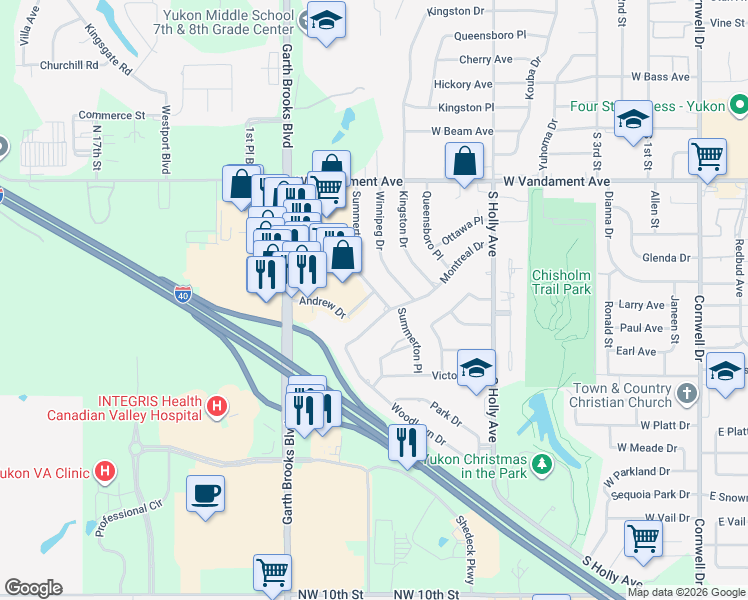 map of restaurants, bars, coffee shops, grocery stores, and more near 1009 Montreal Drive in Yukon