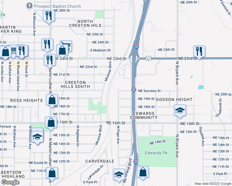 map of restaurants, bars, coffee shops, grocery stores, and more near 2504 Northeast 19th Street in Oklahoma City