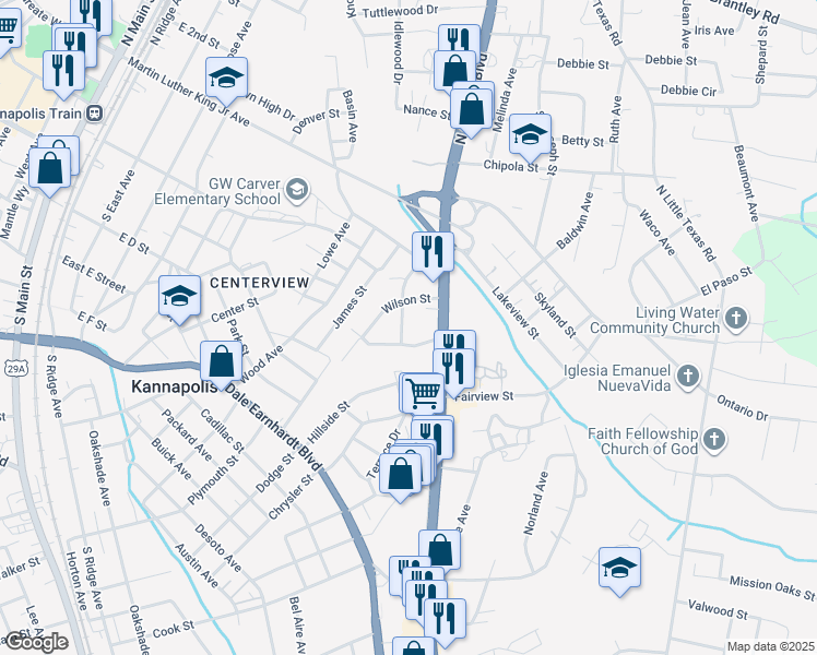 map of restaurants, bars, coffee shops, grocery stores, and more near 666 Wilson Street in Kannapolis