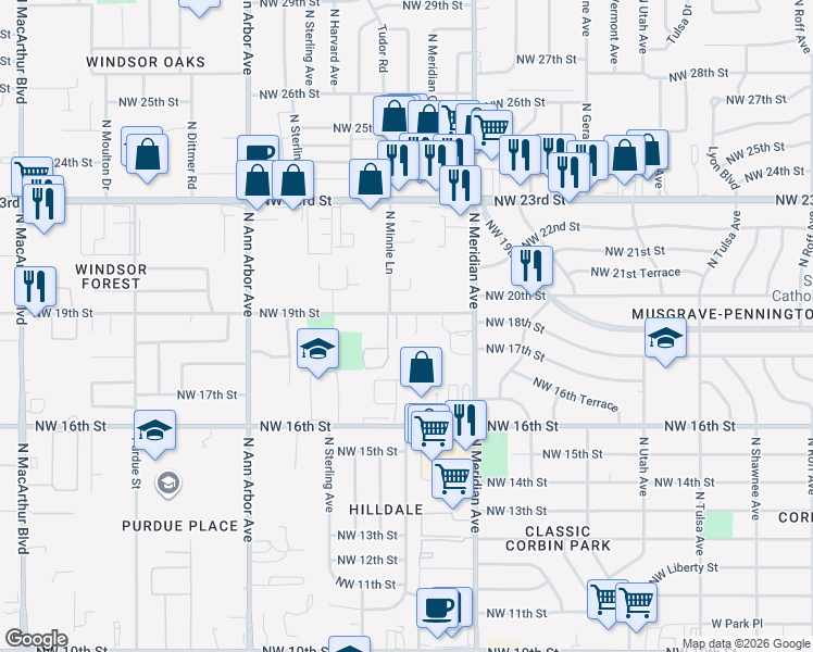map of restaurants, bars, coffee shops, grocery stores, and more near 4614 Northwest 19th Street in Oklahoma City