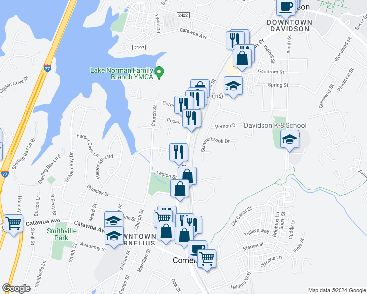 map of restaurants, bars, coffee shops, grocery stores, and more near 20621 North Main Street in Cornelius