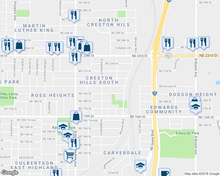 map of restaurants, bars, coffee shops, grocery stores, and more near 2224 Northeast 20th Street in Oklahoma City