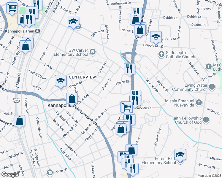map of restaurants, bars, coffee shops, grocery stores, and more near 217 James Street in Kannapolis