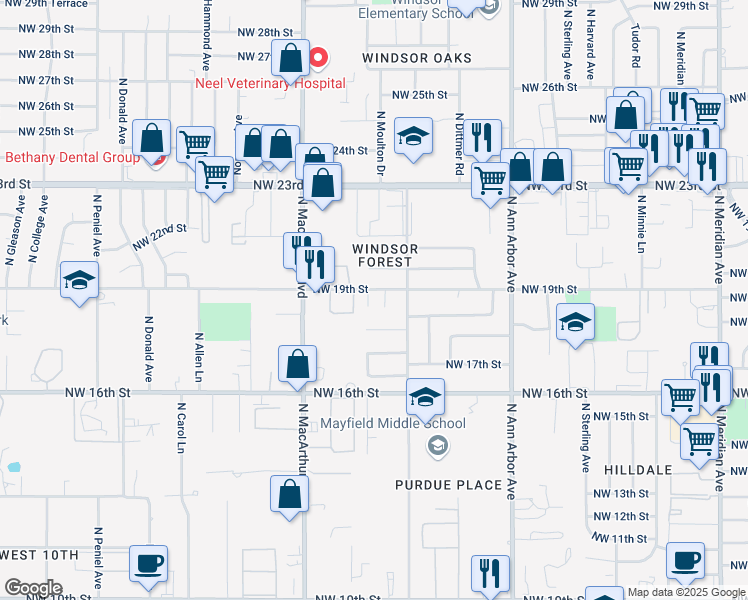 map of restaurants, bars, coffee shops, grocery stores, and more near 1914 North Moulton Court in Oklahoma City