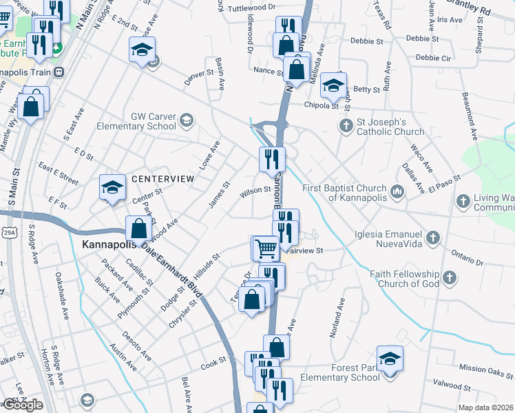 map of restaurants, bars, coffee shops, grocery stores, and more near 666 Wilson Street in Kannapolis