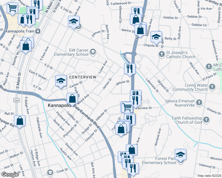map of restaurants, bars, coffee shops, grocery stores, and more near 217 James Street in Kannapolis
