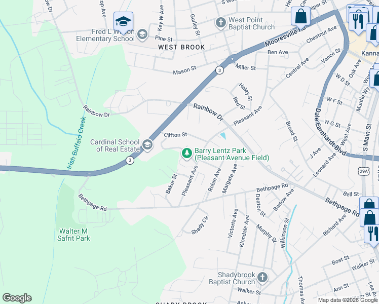 map of restaurants, bars, coffee shops, grocery stores, and more near 704 Cross Street in Kannapolis