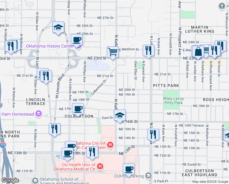 map of restaurants, bars, coffee shops, grocery stores, and more near 2110 North Kelley Avenue in Oklahoma City