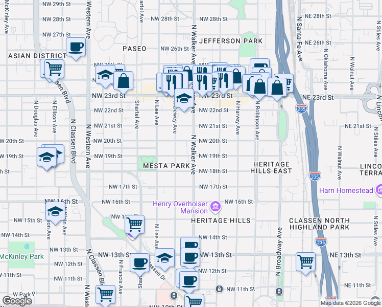map of restaurants, bars, coffee shops, grocery stores, and more near 442 Northwest 20th Street in Oklahoma City
