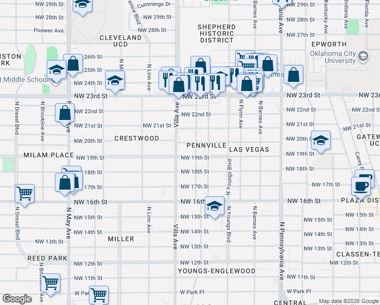 map of restaurants, bars, coffee shops, grocery stores, and more near 2413 Northwest 20th Street in Oklahoma City