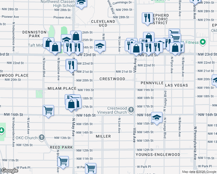 map of restaurants, bars, coffee shops, grocery stores, and more near 2708 Northwest 20th Street in Oklahoma City
