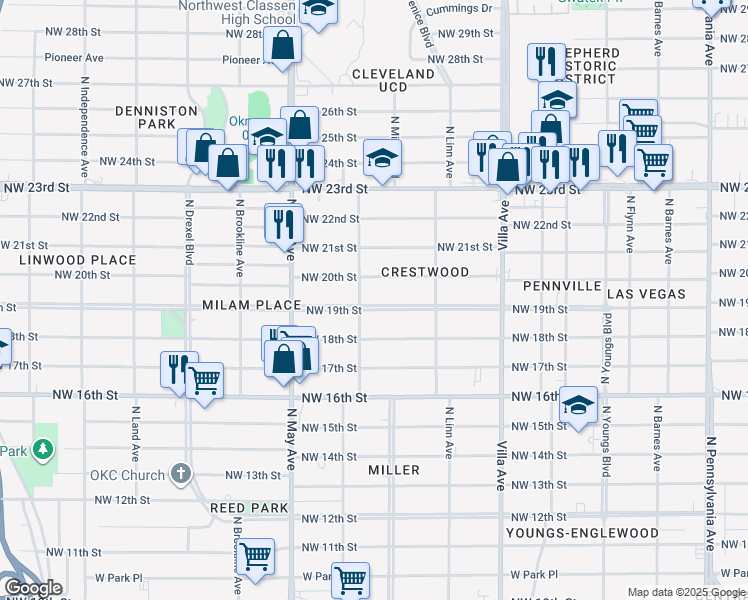 map of restaurants, bars, coffee shops, grocery stores, and more near 2746 Northwest 20th Street in Oklahoma City