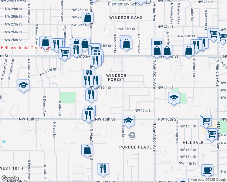 map of restaurants, bars, coffee shops, grocery stores, and more near 5113 Northwest 19th Street in Oklahoma City