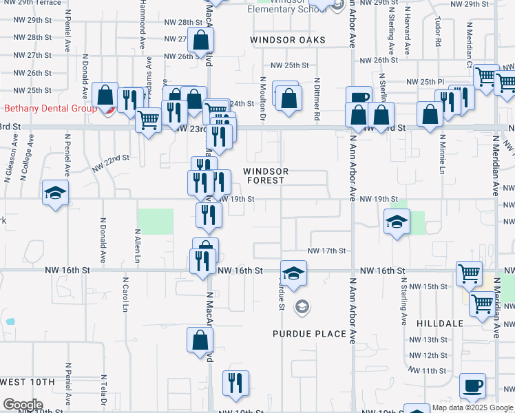 map of restaurants, bars, coffee shops, grocery stores, and more near 5113 Northwest 19th Street in Oklahoma City