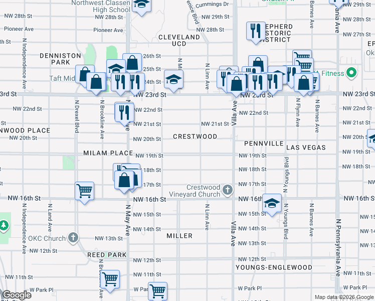 map of restaurants, bars, coffee shops, grocery stores, and more near 2708 Northwest 20th Street in Oklahoma City