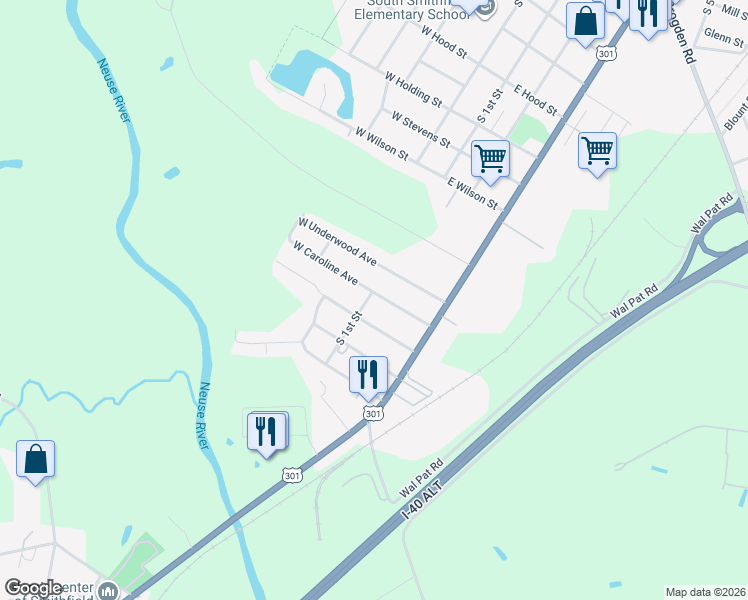 map of restaurants, bars, coffee shops, grocery stores, and more near 104 East Caroline Avenue in Smithfield