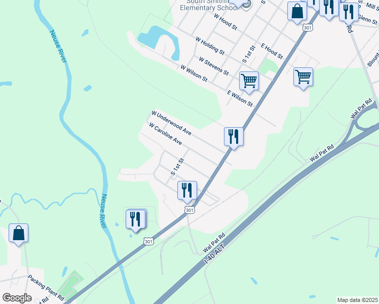 map of restaurants, bars, coffee shops, grocery stores, and more near 104 East Caroline Avenue in Smithfield