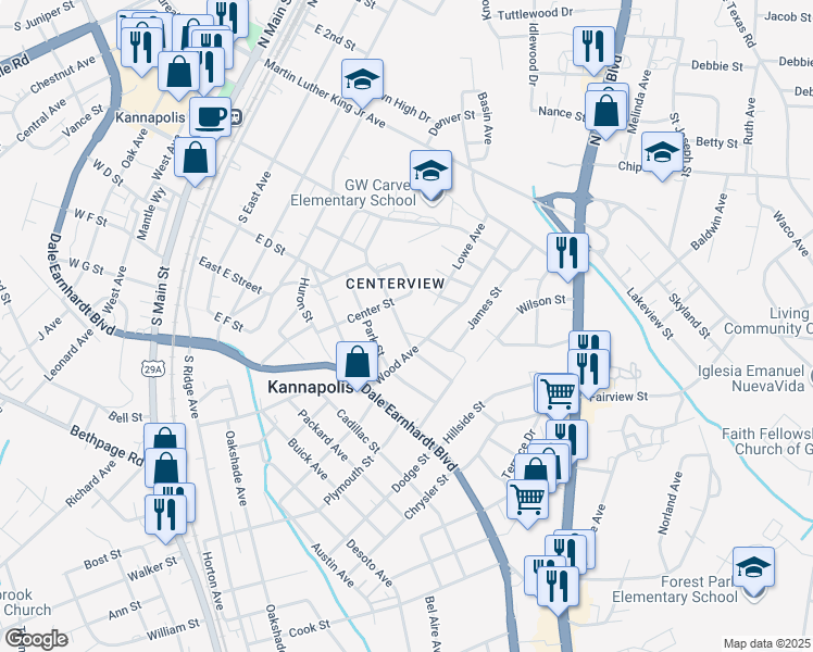 map of restaurants, bars, coffee shops, grocery stores, and more near 543 Walter Street in Kannapolis
