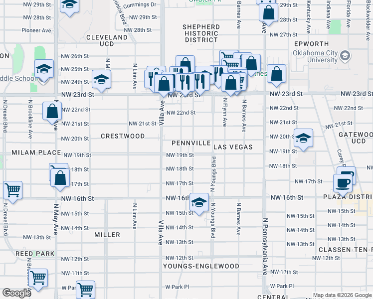 map of restaurants, bars, coffee shops, grocery stores, and more near 2335 Northwest 20th Street in Oklahoma City