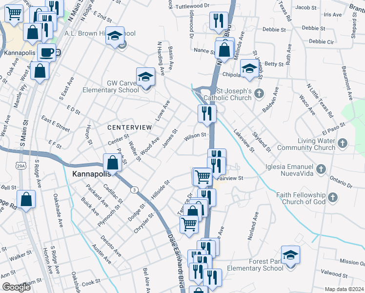 map of restaurants, bars, coffee shops, grocery stores, and more near 644 Wilson Street in Kannapolis