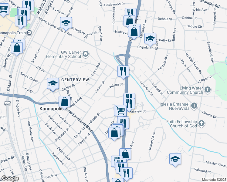 map of restaurants, bars, coffee shops, grocery stores, and more near 666 Wilson Street in Kannapolis