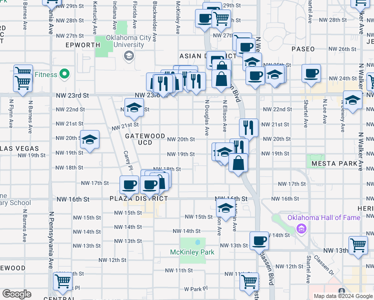 map of restaurants, bars, coffee shops, grocery stores, and more near 1512 Northwest 20th Street in Oklahoma City